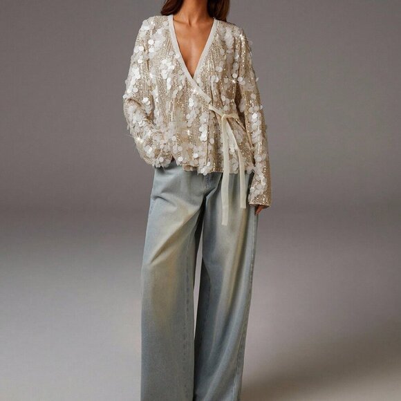 Apricot Party Women's Side Tie Loose Long Sleeve Sequin Blouse - Picture 3 of 5